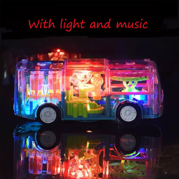 Transparent Rotating Transparent Gear Bus Car Toy with Music
