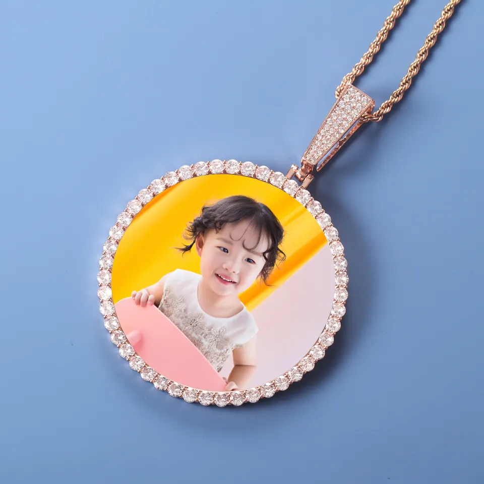 Hip-hop Round Photo Pendant Gold And Silver Rose Gold Round Pendant Necklace