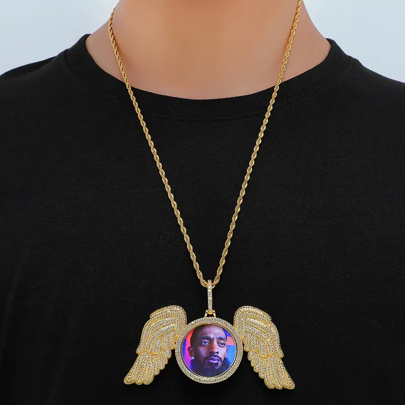 Angel Wings Large Custom Photo Hip Hop Photo Frame Pendant Full Zircon Jewelry Pendant Necklace