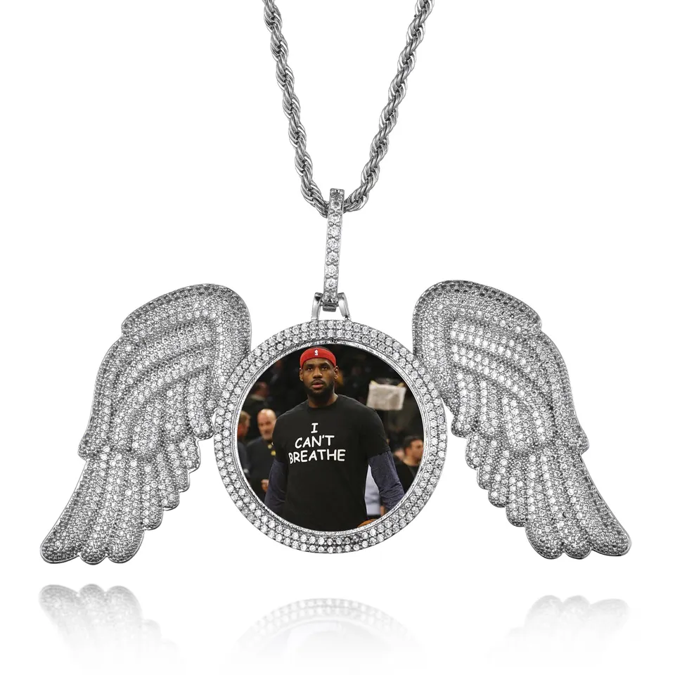 Angel Wings Large Custom Photo Hip Hop Photo Frame Pendant Full Zircon Jewelry Pendant Necklace