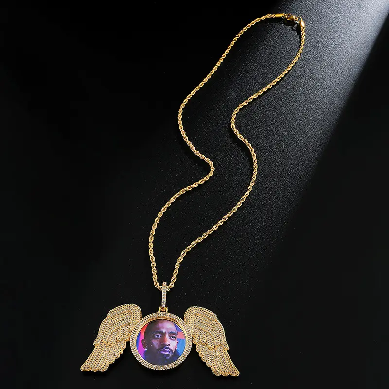 Angel Wings Large Custom Photo Hip Hop Photo Frame Pendant Full Zircon Jewelry Pendant Necklace