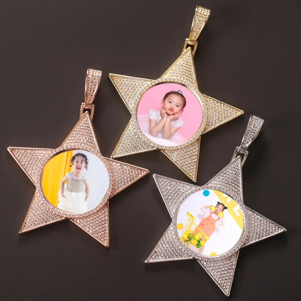 Custom photo pentagram medal charm pendants iced out Hip Hop Bling sublimation necklace picture necklace custom jewelry necklace