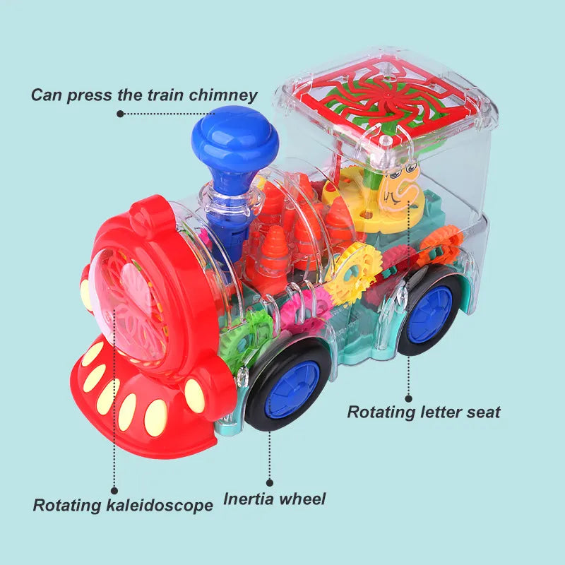 Children's Toy Electric Universal Transparent Gear Train - 360 Degree Rotating Car with Music and Light