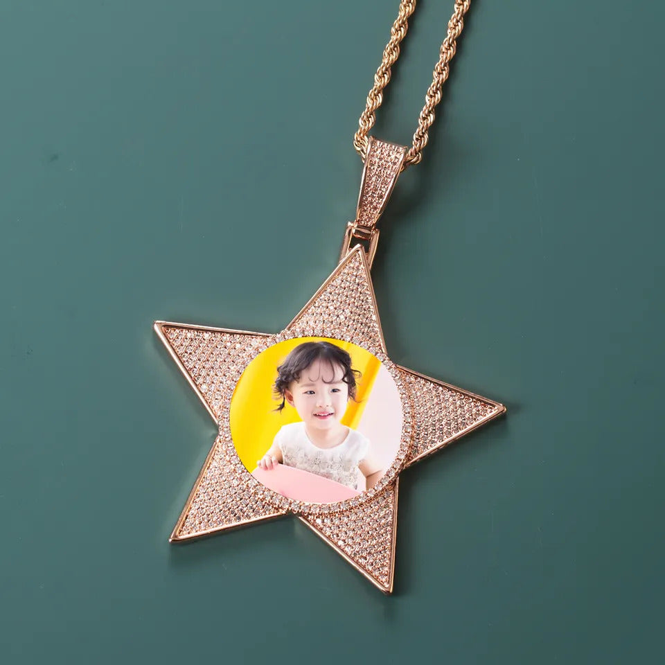 Custom photo pentagram medal charm pendants iced out Hip Hop Bling sublimation necklace picture necklace custom jewelry necklace